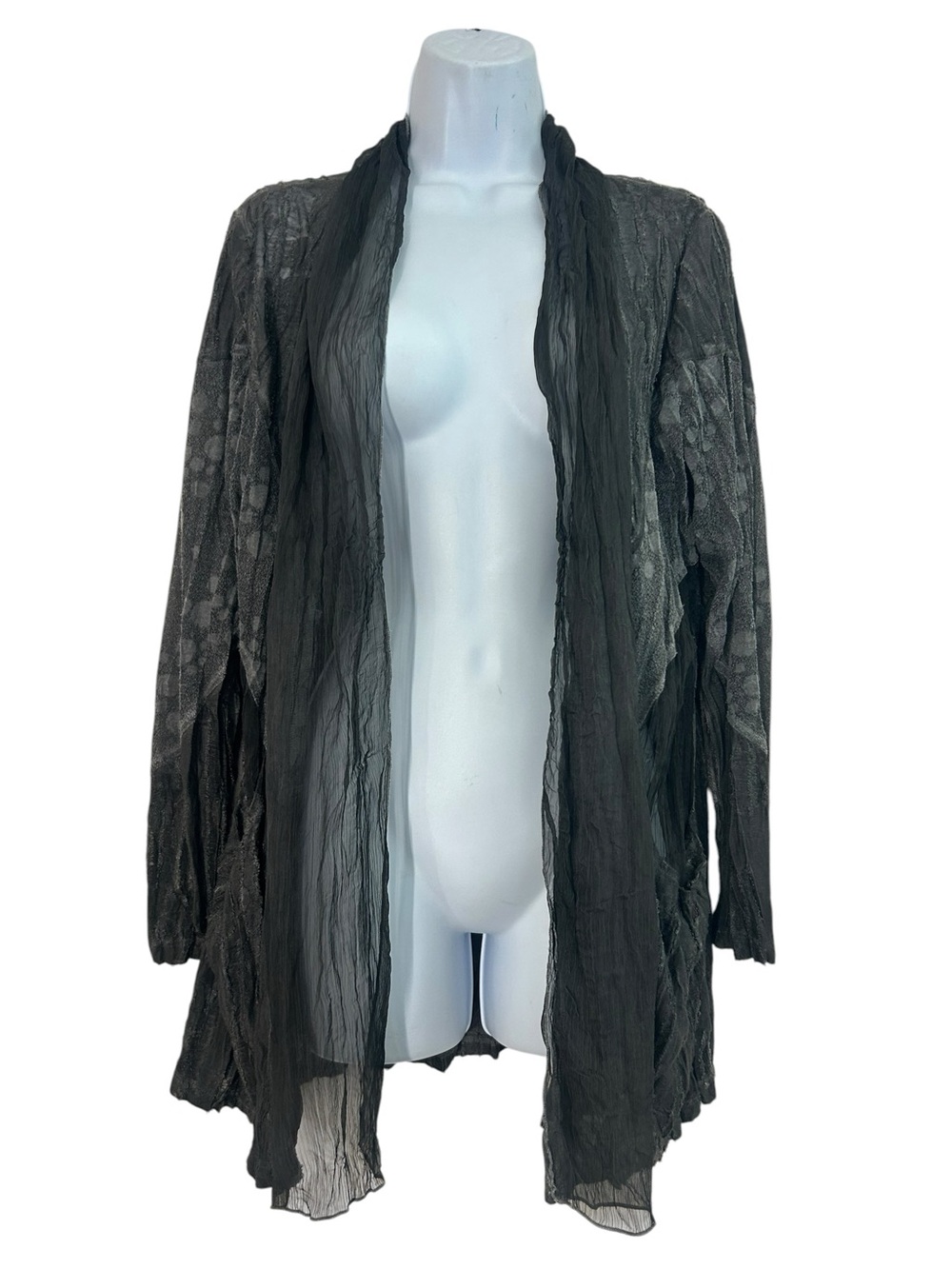 Ania A Sheer Charcoal Open Front Crinkle Fabric Duster Cardigan Artsy Whimsigoth